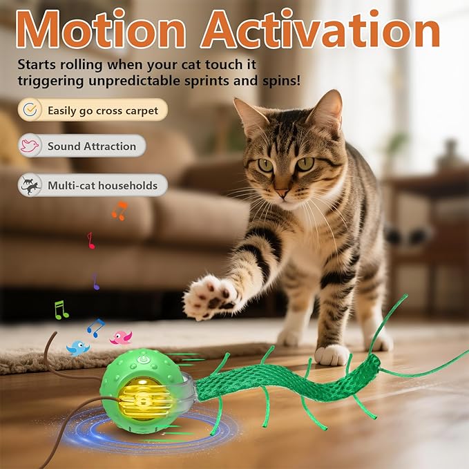 Giociv Interactive Cat Toys for Bored Cats, with Chirping, Centipede Motion Wake-up Super Motor Cat Ball on Rug