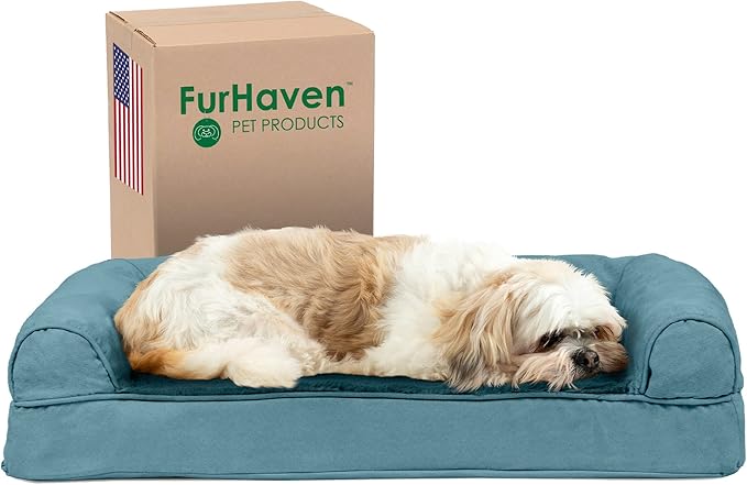 Furhaven Cooling Gel Dog Bed for Medium/Small Dogs w/ Removable Bolsters & Washable Cover, For Dogs Up to 35 lbs - Plush & Suede Sofa - Deep Pool, Medium