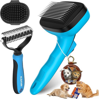 Dog Brush Kit - Self-Cleaning Slicker Brush with Bath Brush & Undercoat Rake | Deshedding Tools for Large - Small Dogs & Cats, Professional 3-in-1 Pet Grooming Set for Heavy Shedding, Blue