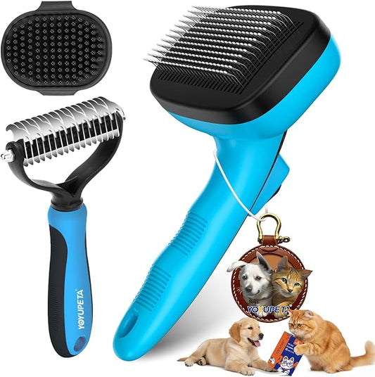 Dog Brush Kit - Self-Cleaning Slicker Brush with Bath Brush & Undercoat Rake | Deshedding Tools for Large - Small Dogs & Cats, Professional 3-in-1 Pet Grooming Set for Heavy Shedding, Blue