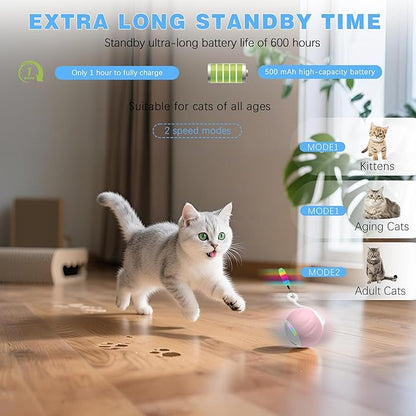 Interactive Cat Toy for Indoor (Sounds&Touch Control) Smart Cat Toys-Automatic Moving Cat Ball Toy-Fast Slow 2Speed with Feathers Tail&Lights for Kittens,Older Cats,Bored Cats,Ferret,USB Rechargeable