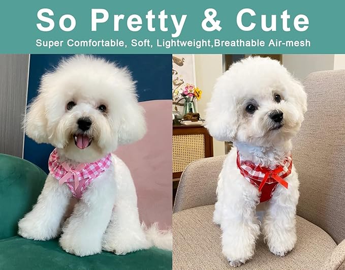 SuperBuddy Upgraded Soft Mesh Dog Harness, Super Breathable Lightweight Pet Harnesses for Puppy Dogs Outdoor Walking, Pink and Red Dog Harness Set Packing-XSmall