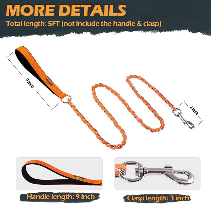 Chew Proof Metal Leash Chain Dog Leash for Medium Large Dogs, Chain Link Anti Chew 5FT Strong Anti Bite Comfortable Soft Padded Handle Orange