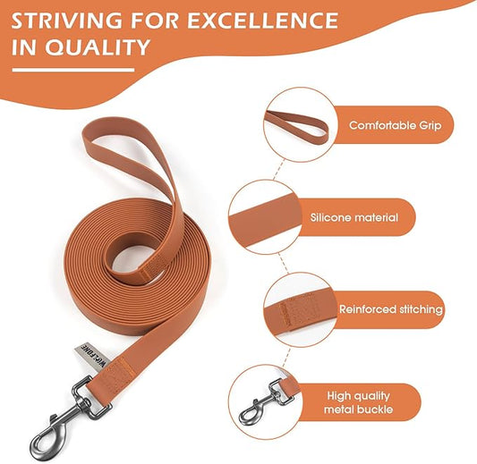Wolfone 20ft Brown Long Leash - Waterproof Training Dog Leash for Recall, Swimming, Camping, Beach, Hunting, Walking（6m*25mm*2.3mm）