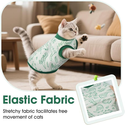 DENTRUN Sleeveless Cat Vest with Dinosaur Print, Breathable Ultra-Soft Dralon Fleece Cat Sweater, All-Season Pet Costume Apparel for Cats, Kitten Clothing for Indoor/Outdoor, Green, L