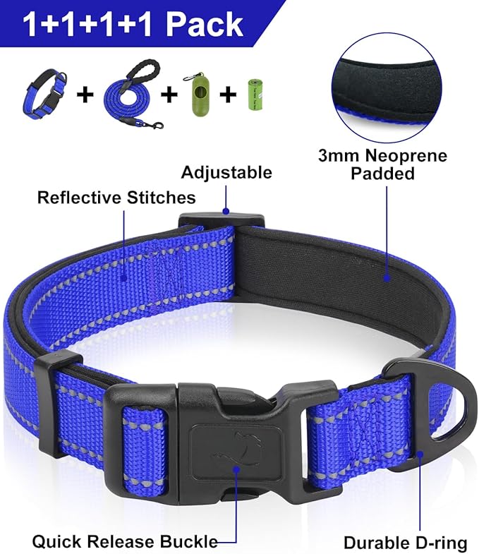Dynmeow Reflective Dog Collar and Leash Set, 6FT Strong Climbing Rope Leash with Padded Handle, Adjustable Pet Collar with Soft Neoprene Padding for Large Dogs, Navy-Blue, L