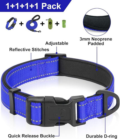 Dynmeow Reflective Dog Collar and Leash Set, 6FT Strong Climbing Rope Leash with Padded Handle, Adjustable Pet Collar with Soft Neoprene Padding for Small Medium Dogs, Navy-Blue, S