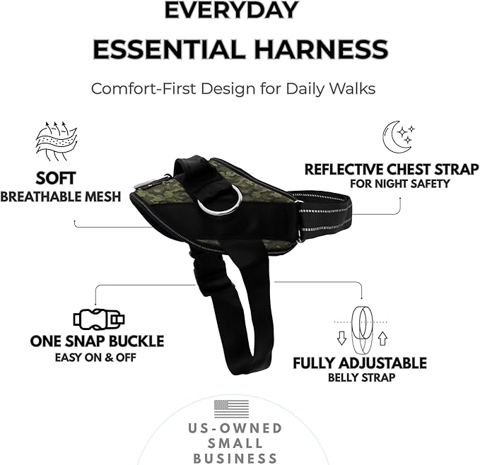 ShawnCo Essential Dog Harness, No-Pull Pet Vest with 3 Leash Clips, No Choke, Reflective, Adjustable and Padded, for Easy Walking and Training for Small, Medium and Large Dogs (Military Camo, S)
