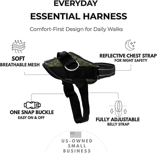 ShawnCo Essential Dog Harness, No-Pull Pet Vest with 3 Leash Clips, No Choke, Reflective, Adjustable and Padded, for Easy Walking and Training for Small, Medium and Large Dogs (Military Camo, S)
