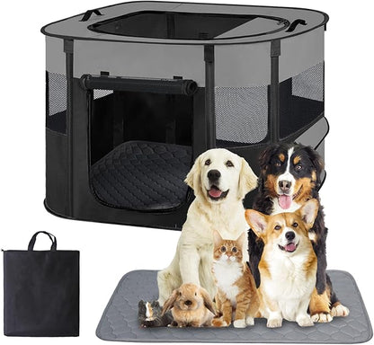 Pet Dog Cat Playpen with Waterproof Pad,Portable Puppy Kitten Rabbit Crate and Other Small Animals Kennel Cage Tent for Indoor Outdoor Travel Camping,Water-Resistant Breathable Shade Cover (Grey S)