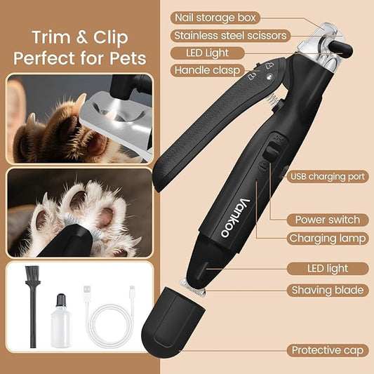 Vankoo 2 in 1 Dog Nail Clippers & Trimmers with LED Lights, Splash Guard - Pet Hair Trimmer for Around Paws, Ear, Eye,Face, Rump Rechargeable & IPX7 Waterproof Grooming Supplies for Cats, Dogs