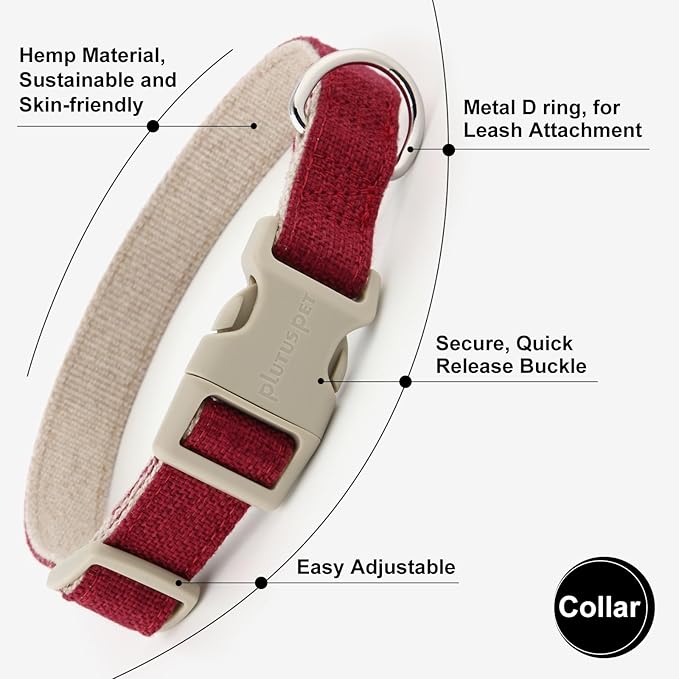 Plutus Pet Cotton Hemp Dog Collar and Leash Set, Adjustable Collar for Small, Medium, and Large Dogs, Heavy Duty and Soft on Skin, Red, XS