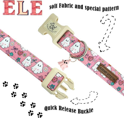 Elegant little tail Halloween Dog Collar, Ghost Print Pink Halloween Pet Collars Cotton Soft Sturdy Puppy Collars Holiday Female Adjustable Collar for X-Small Puppy