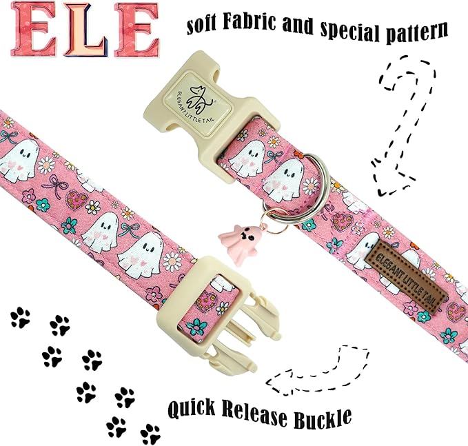 Elegant little tail Halloween Dog Collar, Ghosts Print Pink Halloween Pet Collars Cotton Soft Sturdy Puppy Collars Holiday Female Adjustable Collar for Medium Dogs