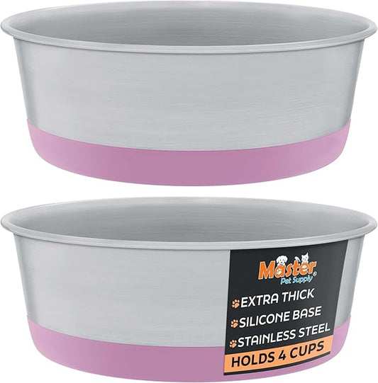 Master Pet Supply Stainless Steel Dog Bowls Set of 2 with Extra Thick Silicone Base - 4 Cup (32 oz) Hyper Pink, Non-Slip, Dishwasher Safe Metal Bowls, Pet Dog Food Bowl for Dogs, Cats, Anti Rust