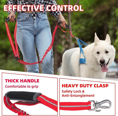 PUPTECK Heavy Duty Bungee Leash for Medium Large Dogs, No Pull Tactical Dog Leash with Double Handles for Training, Reflective with Car Seatbelt and Quick Release Buckle, Red