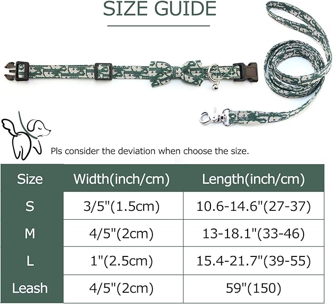 Bowtie Collars for Small Dogs, Elegant Puppy Collars with Leash Set, Tiny Dog Collars with Bowtie Adjustable 9.8"-13.8", Green, S