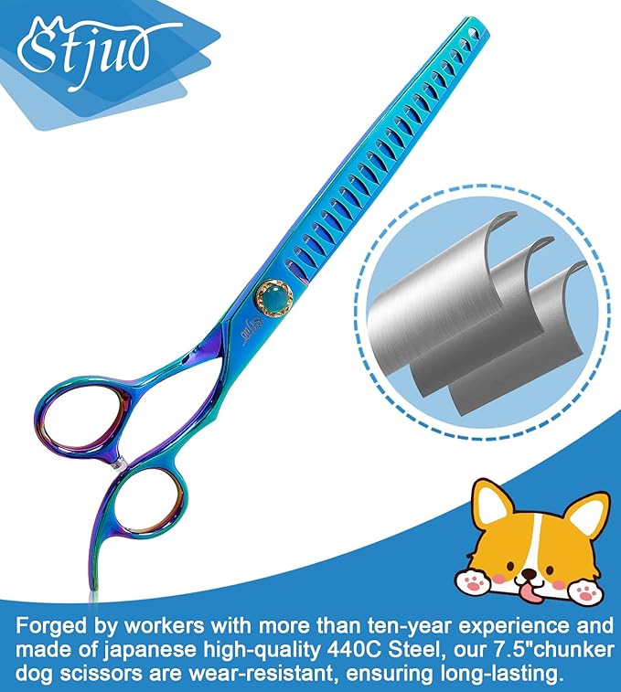 Stjuo 7.5'' Dog Chunker Scissors for Grooming 440C Stainless Steel Green Professional Pet Trimming Scissors Sharp Blades Cutting for Dogs and Cats Shears