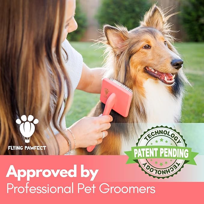 Pet Slicker Brush With Soft Massage Grooming Stainless Steel Pins - For Dematting, Shedding Fur, and Undercoat - Ideal Gift for Professional Pet Groomers - Long Slicker Brush (Coral, Flat Medium)