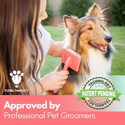 Pet Slicker Brush With Soft Massage Grooming Stainless Steel Pins - For Dematting, Shedding Fur, and Undercoat - Ideal Gift for Professional Pet Groomers - Long Slicker Brush (Coral, Curved Large)