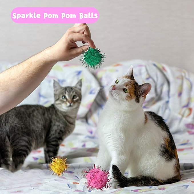 Flashine Cat Toys for Indoor Cats 40 PCS Kitten Toys Cat Interactive Toys Pack Including Cats Springs Sparkle Ball Pom Pom Ball Jingle Balls Tracks Balls