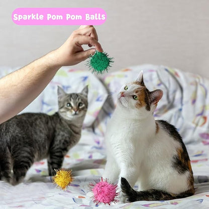 Flashine Cat Toys for Indoor Cats 40 PCS Kitten Toys Cat Interactive Toys Pack Including Cats Springs Sparkle Ball Pom Pom Ball Jingle Balls Tracks Balls