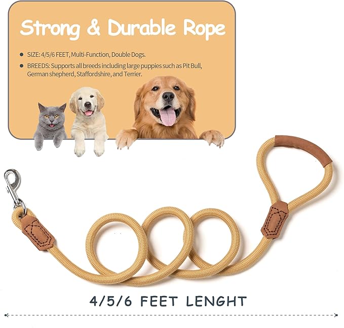 Mile High Life | Premium Leather Handle Dog Leash | Strong Rope Leash | Zinc Alloy Strong Clasp | Small Medium Large Dogs | 4/5/6 Feet(Yellow, 72 Inch (Pack of 1))