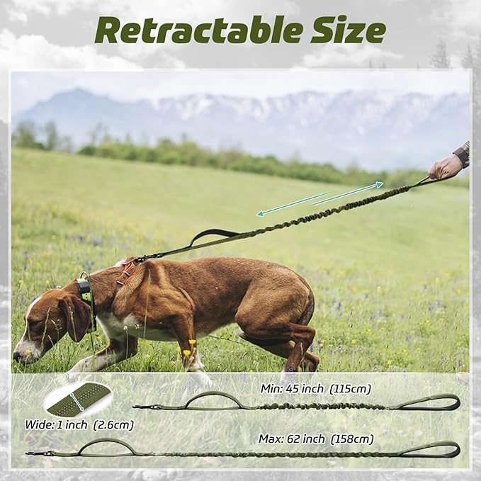 rabbitgoo Tactical Bungee Dog Leash with Shock Absorption, Military Training Leash with 2 Padded Control Handles for Medium Large Dogs, 5.2FT, Green