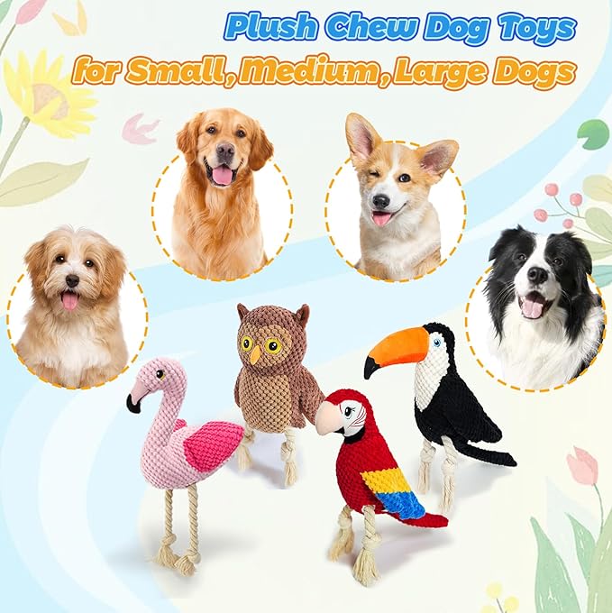 4-Pack Squeaky Dog Toys for Aggressive Chewers Durable Rope Tug Stuffed Plush Dog Puppy Toys for Small Medium Large Breed Flamingo, Parrot, Toucan, Owl Puppy Chew Toys Set Holiday Birthday Dog Gift