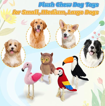 4-Pack Squeaky Dog Toys for Aggressive Chewers Durable Rope Tug Stuffed Plush Dog Puppy Toys for Small Medium Large Breed Flamingo, Parrot, Toucan, Owl Puppy Chew Toys Set Holiday Birthday Dog Gift