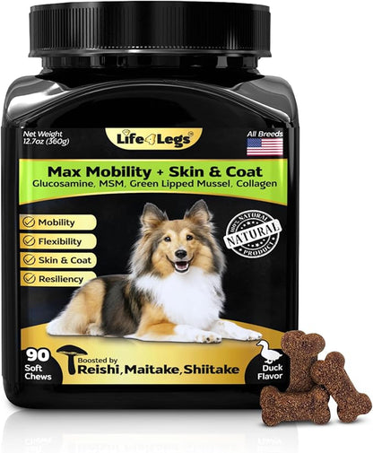 Life4Legs - Hip and Joint Chews for Dogs + Skin and Coat Supplement - Dog Joint Pain Relief Treats - Glucosamine, Chondroitin, MSM, Hemp Oil, Turmeric, Omega 3 for Dogs, Mobility Dog Health Supplies