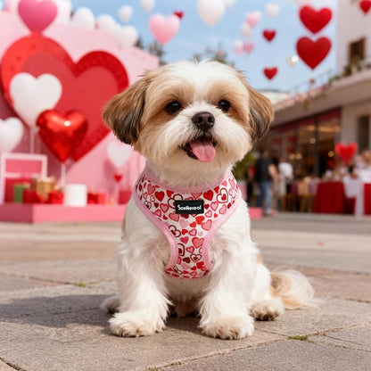 SCENEREAL Valentine's Day No Pull Dog Harness Collar Leash Set for Small Sized Dogs, Soft Mesh Step in Plaid Harnesses for Fall Winter, Adjustable Pet Vest for Outdoor Walking Training and Running, S