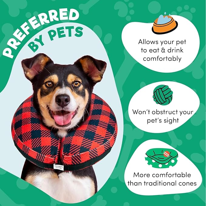 BENCMATE Inflatable Dog Cone Collar Alternative, Soft Dog Cone for Small Medium Large Dogs and Cats, Neck Recovery ECollar Donut Collar After Surgery (Large+, Plaid)
