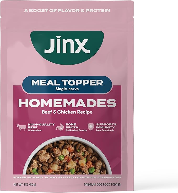 Jinx Beef & Chicken Wet Dog Food Pouches, Meal or Dog Food Topper Mix-in, Made with Real Beef & Chicken, Bone Broth, No Fillers - Puppy, Adult, Senior, 3oz, 8 Pack