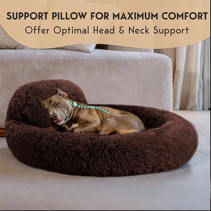 PetJett Calming Dog Beds Large Sized Dog - 36'' Round Bed, Anti-Slip & Washable Super Soft Donut Bed, Fluffy Faux Fur Anti-Anxiety Premium Comfort Pet Bed, Fits Dogs up to 80 lbs - Brown