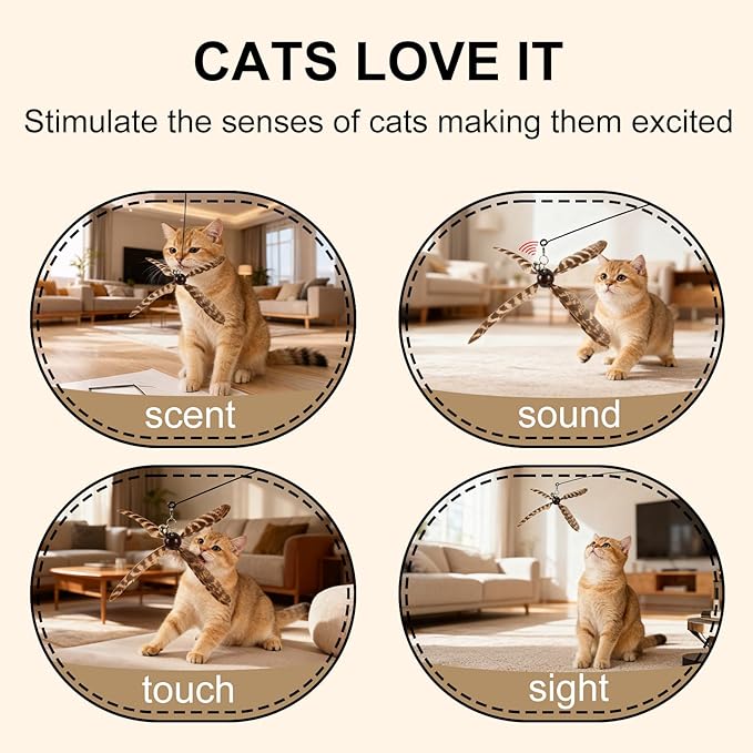 ottmat Cat Wand Toys Interactive for Indoor Cats, 4PC 4-Blade Feather Propeller Refills, 1PC Cat Wand (Small, Wild)