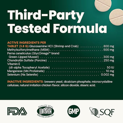 VetriScience Ultimate Strength Healthy Hip & Joint Chewable Tablets, GlycoFlex Glucosamine, Chondroitin and Green-Lipped Mussel Joint Supplement for Dogs, Soothe Joint Discomfort, Chicken, 120 Count