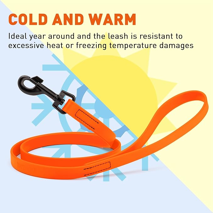 Dogline Biothane Waterproof Dog Leash Strong Coated Nylon Webbing with Black Hardware Odor-Proof Easy to Clean High Performance for Small or Large Dogs Made in USA 4 or 6 ft Lead, Hunter Orange
