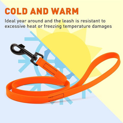 Dogline Biothane Waterproof Dog Leash Strong Coated Nylon Webbing with Black Hardware Odor-Proof Easy to Clean High Performance for Small or Large Dogs Made in USA 4 or 6 ft Lead, Hunter Orange