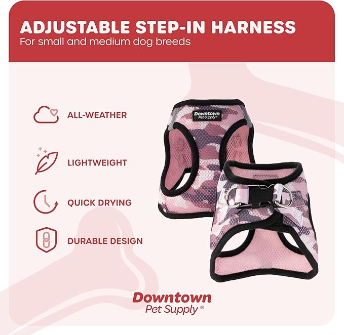 Downtown Pet Supply Step-in Dog Harness – No Pull, Adjustable Padded Mesh with Reflective Trim, Secure Buckle Strap – Comfortable & Breathable Small Dog Harness, X-Large, Camo Pink
