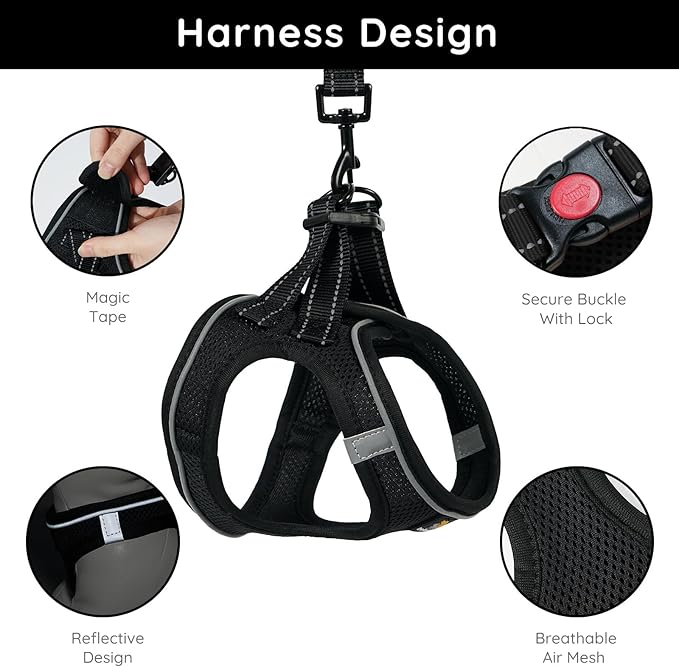 BELLA & PAL Step in Vest Harness for Small and Medium Dogs, No Pull Small Dog Harness with Leash Set, Comfortable Air Mesh Dog Vest Harness with Reflective Strip (Deep Black, M)