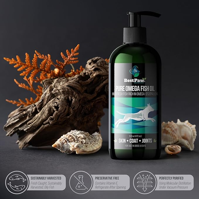 Best Paw Nutrition - Pure Omega Fish Oil for Dogs, Cats & Ferrets - Liquid Supplement for Joint Pain Relief - Soft Skin & Shiny Coat - Omega 3 Fish Oil Pets Love - 16oz
