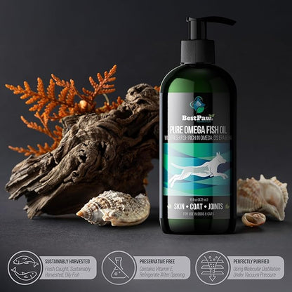 Best Paw Nutrition - Pure Omega Fish Oil for Dogs, Cats & Ferrets - Liquid Supplement for Joint Pain Relief - Soft Skin & Shiny Coat - Omega 3 Fish Oil Pets Love - 16oz