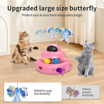 MOHAYA Automatic Cat Toys,4-in-1 InteractiveCat Toys for Bored Indoor Adult Cats, Electric Flying Butterfly,Rechargeable Moving Ambush Feather,Pink Kitter Toy Track Balls