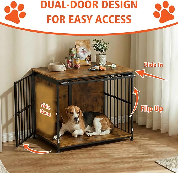 31.5" Dog Crate Furniture with Flip Door, Wooden Dog Kennel Indoor, Heavy Duty Pet Cage for Small Medium Dogs, Double Door Pet House End Table, Rustic Brown