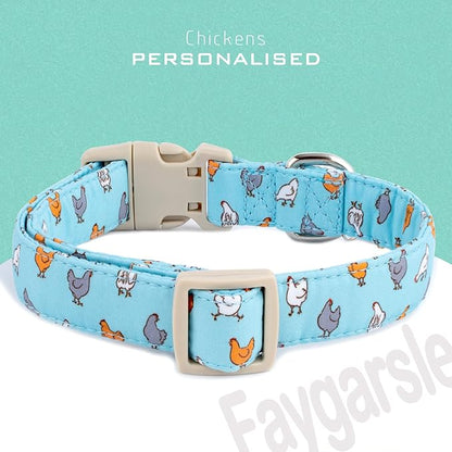 Faygarsle Funny Chicken Pattern Dog Collar, Cotton Fabric, Light Blue with Farm Animal Print for Small Medium Large Dogs S