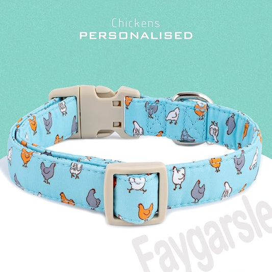 Faygarsle Funny Chicken Pattern Dog Collar, Cotton Fabric, Light Blue with Farm Animal Print for Small Medium Large Dogs S