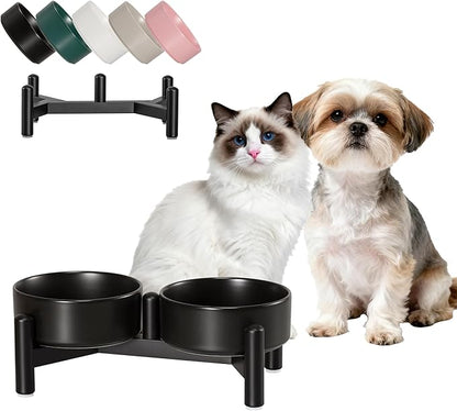 Raised Ceramic Dog Bowl Set - Elevated Double Dishes with Stainless Steel Stand - Food and Water Bowls for Small Dogs and Indoor Cats - Each Holds 1.6 Cups (10.8 fl oz) - Black