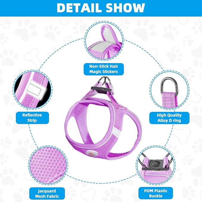Hipubby Dog Harness and Leash Set, No Pull Soft Mesh Puppy Harness for Small Medium Dogs, Cats - Step in Reflective Breathable Lightweight Vest Harness for Walking, Training - Purple, S