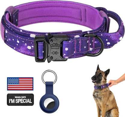DAGANXI Tactical Dog Collar, Adjustable Military Training Nylon Dog Collar with Control Handle and Heavy Metal Buckle for Medium and Large Dogs, with Patches and Airtags Case (M, Purple Sky)